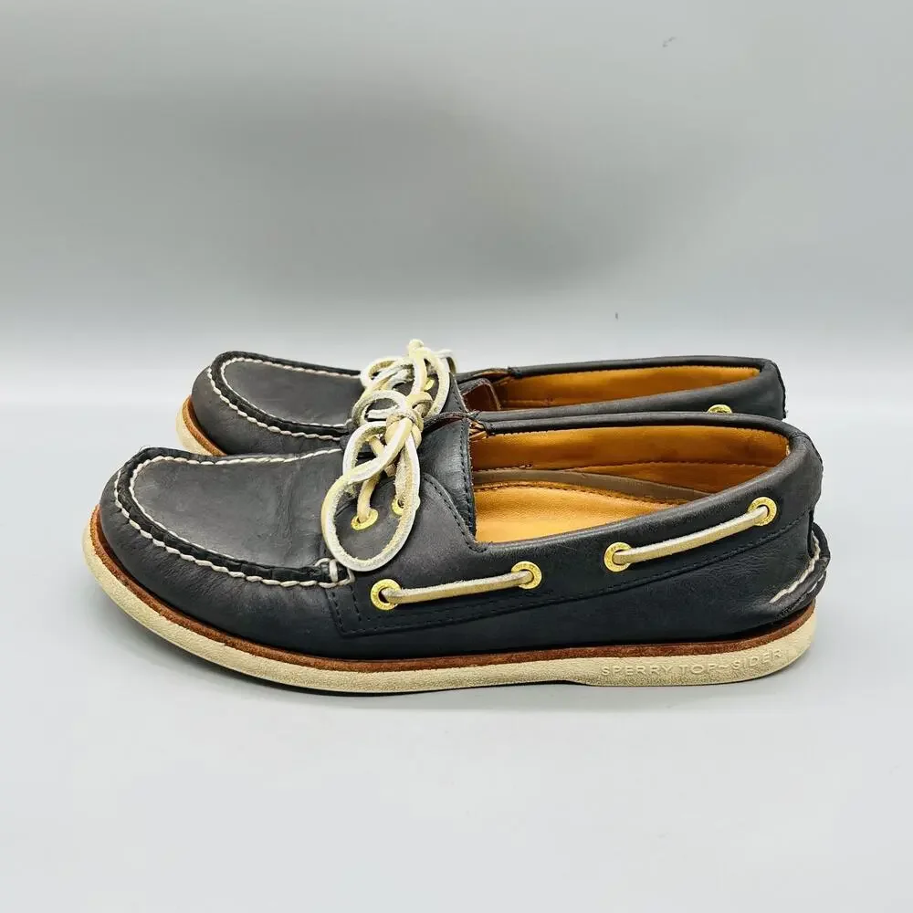 Sperry Shoes Men 7 Blue Leather Top Sider Gold Cup 2 Eye Boat Deck Flats Slip On